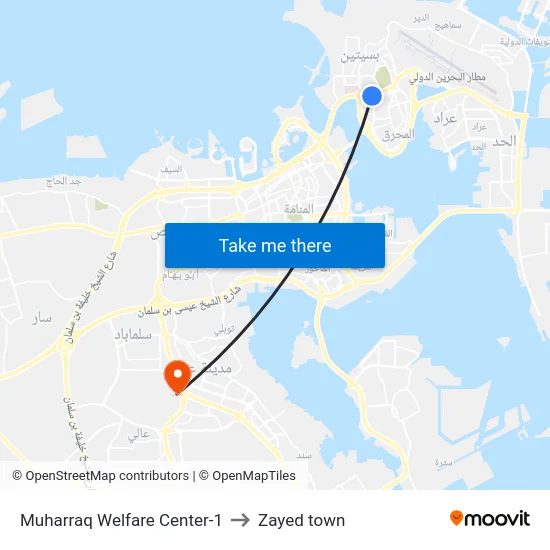 Muharraq Welfare Center-1 to Zayed town map