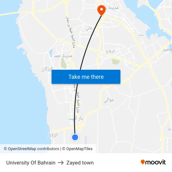 University Of Bahrain to Zayed town map