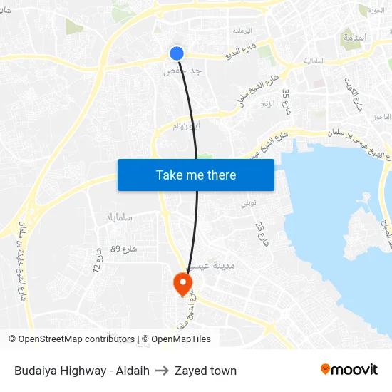 Budaiya Highway - Aldaih to Zayed town map