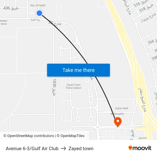 Avenue 6-3/Gulf Air Club to Zayed town map