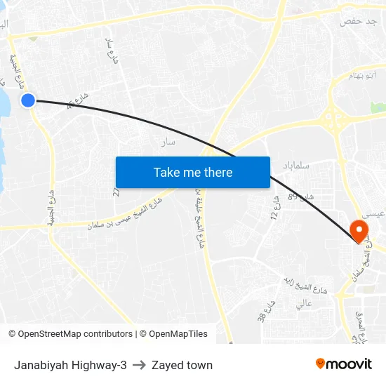 Janabiyah Highway-3 to Zayed town map