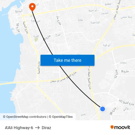 A'Ali Highway-6 to Diraz map