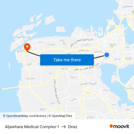 Aljawhara Medical Complex-1 to Diraz map