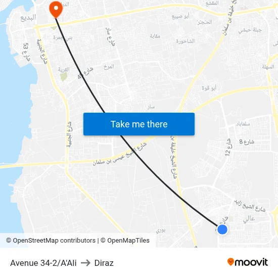 Avenue 34-2/A'Ali to Diraz map