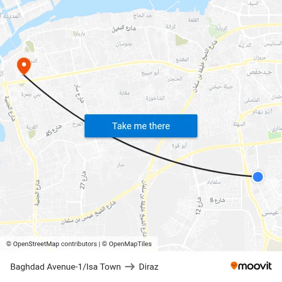 Baghdad Avenue-1/Isa Town to Diraz map