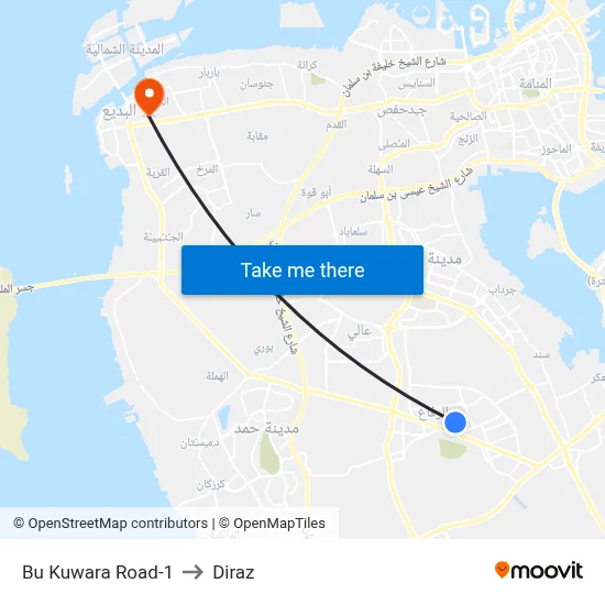 Bu Kuwara Road-1 to Diraz map