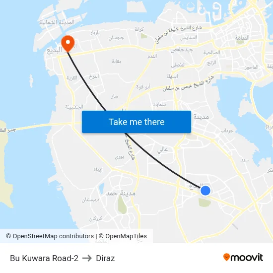 Bu Kuwara Road-2 to Diraz map