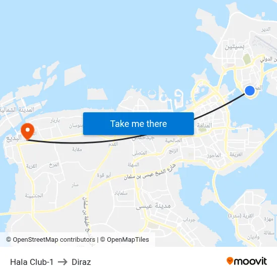 Hala Club-1 to Diraz map