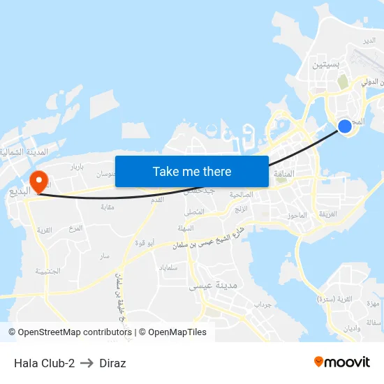 Hala Club-2 to Diraz map