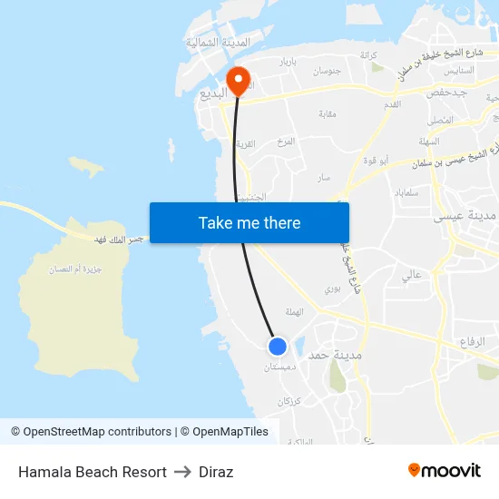 Hamala Beach Resort to Diraz map