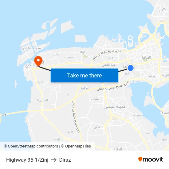 Highway 35-1/Zinj to Diraz map