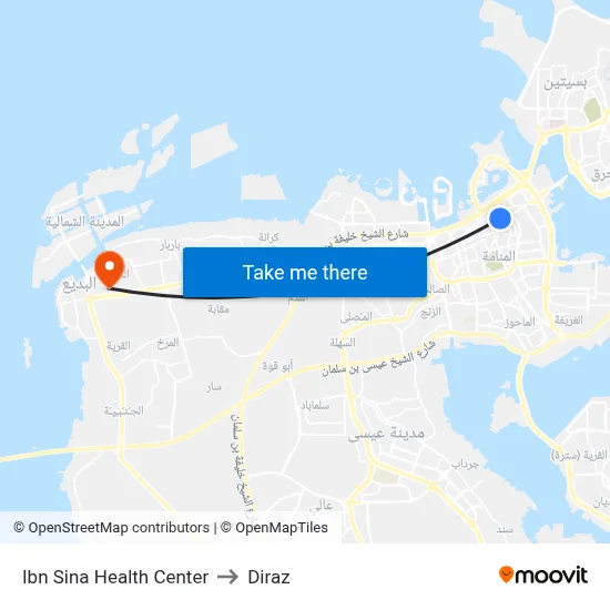 Ibn Sina Health Center to Diraz map