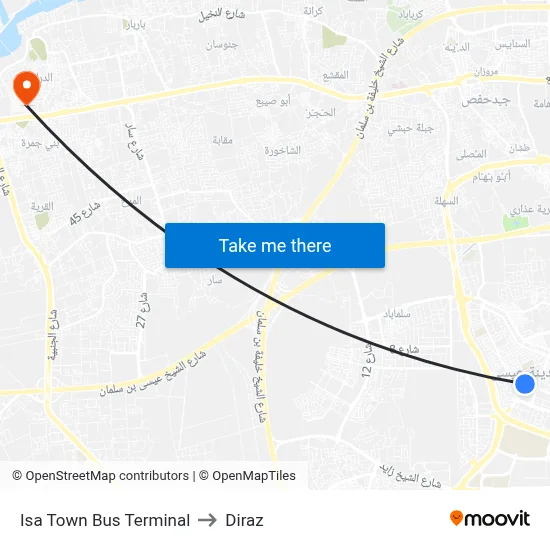 Isa Town Bus Terminal to Diraz map