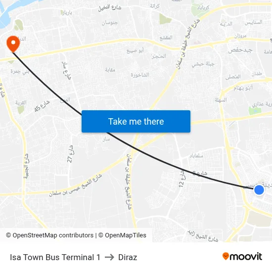 Isa Town Bus Terminal 1 to Diraz map