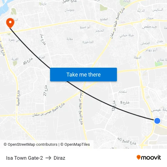 Isa Town Gate-2 to Diraz map