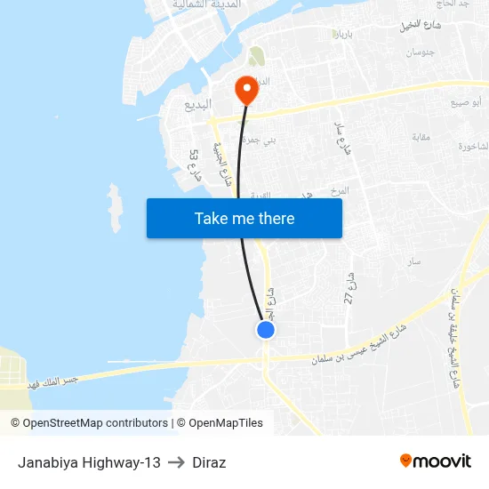 Janabiya Highway-13 to Diraz map
