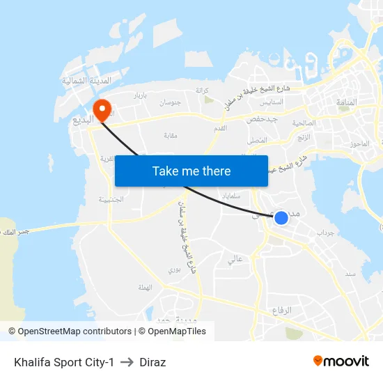 Khalifa Sport City-1 to Diraz map