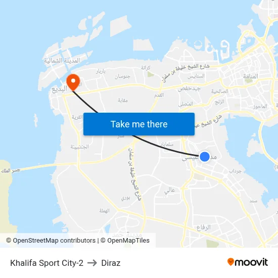 Khalifa Sport City-2 to Diraz map