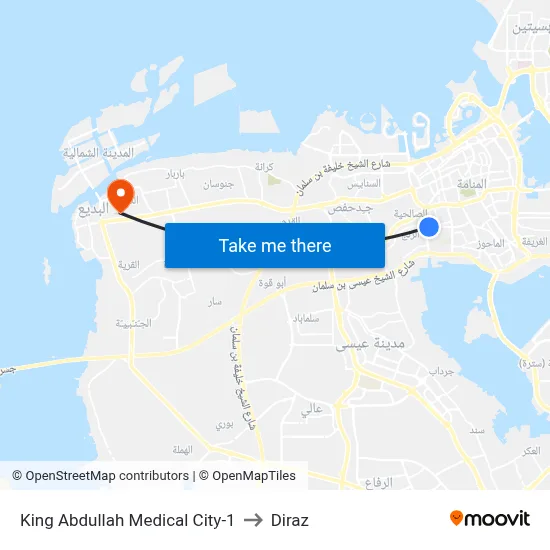 King Abdullah Medical City-1 to Diraz map