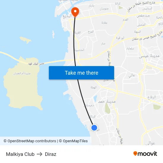 Malkiya Club to Diraz map