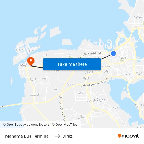 Manama Bus Terminal 1 to Diraz map