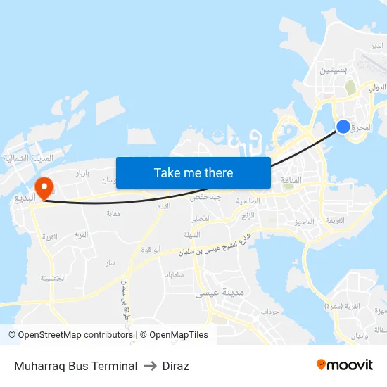 Muharraq Bus Terminal to Diraz map