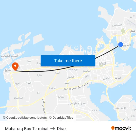 Muharraq Bus Terminal to Diraz map