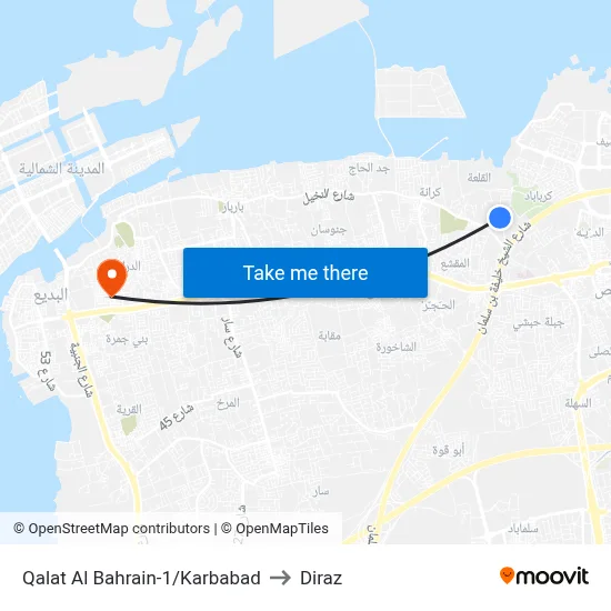 Qalat Al Bahrain-1/Karbabad to Diraz map