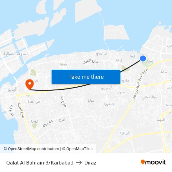 Qalat Al Bahrain-3/Karbabad to Diraz map