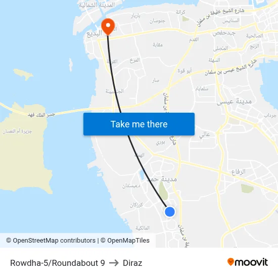 Rowdha-5/Roundabout 9 to Diraz map