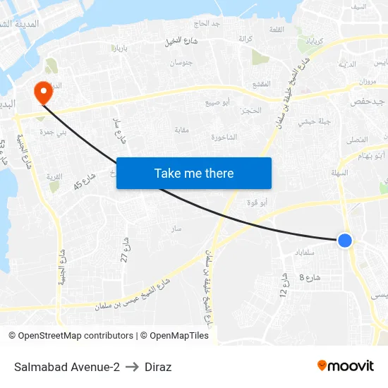Salmabad Avenue-2 to Diraz map