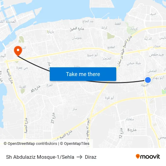 Sheikh Abdulaziz Mosque-1/Sehla to Diraz map