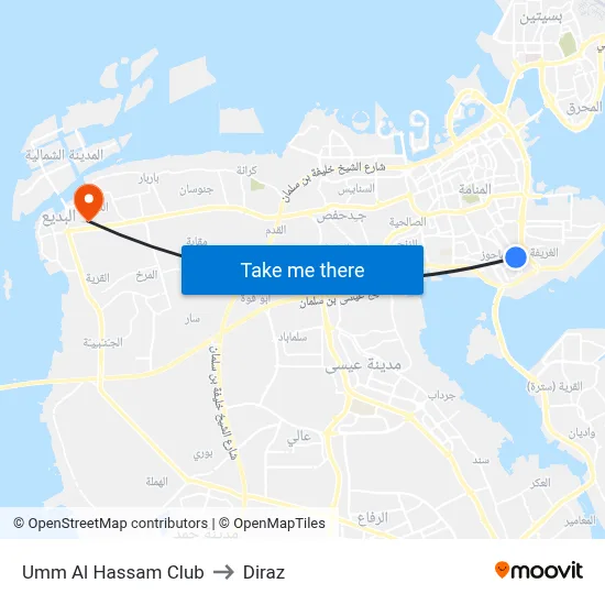 Umm Al Hassam Club to Diraz map