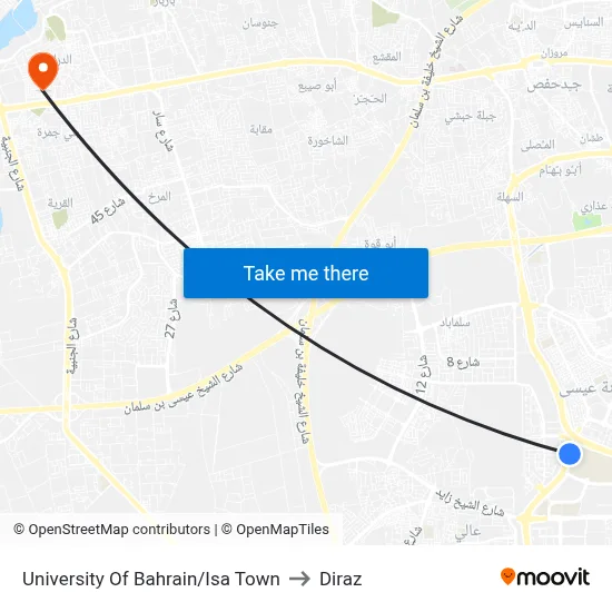 University Of Bahrain/Isa Town to Diraz map