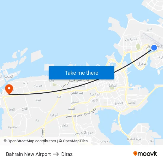 Bahrain New Airport to Diraz map