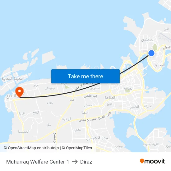 Muharraq Welfare Center-1 to Diraz map
