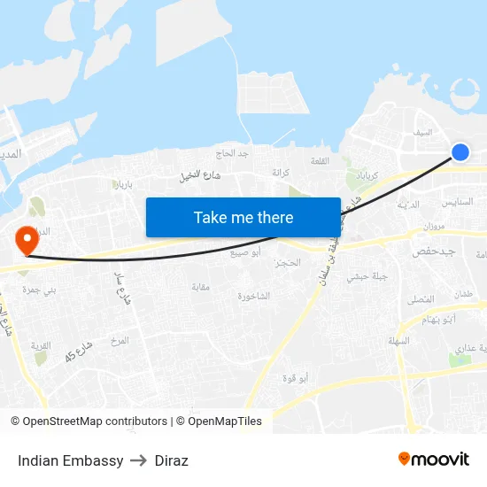 Indian Embassy to Diraz map