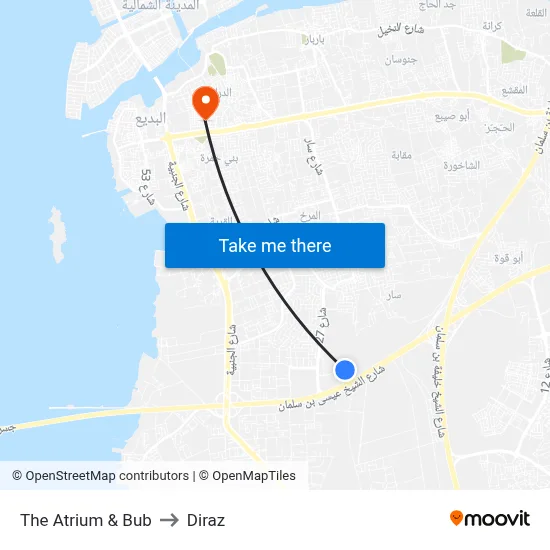 The Atrium & Bub to Diraz map