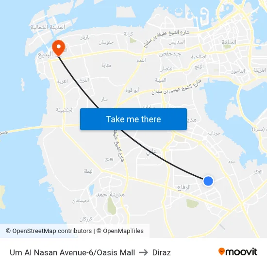 Um Al Nasan Avenue-6/Oasis Mall to Diraz map
