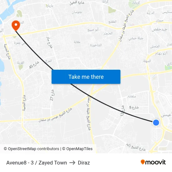 Avenue 8-3/Zayed Town to Diraz map