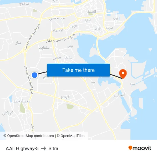 A'Ali Highway-5 to Sitra map