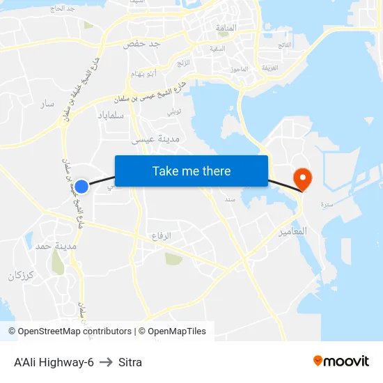 A'Ali Highway-6 to Sitra map