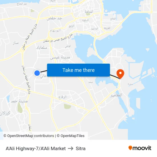 A'Ali Highway-7/A'Ali Market to Sitra map