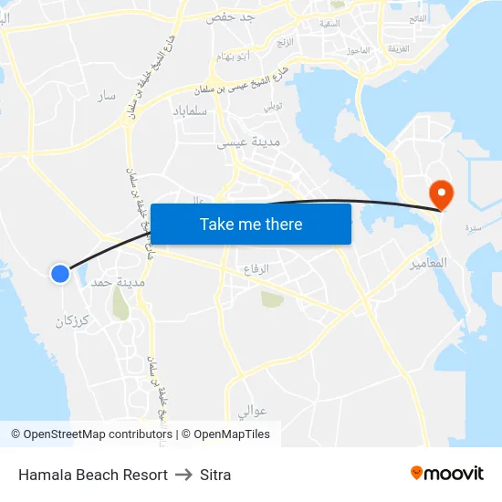 Hamala Beach Resort to Sitra map
