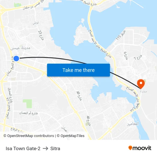 Isa Town Gate-2 to Sitra map