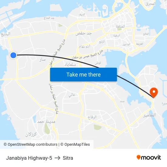 Janabiya Highway-5 to Sitra map
