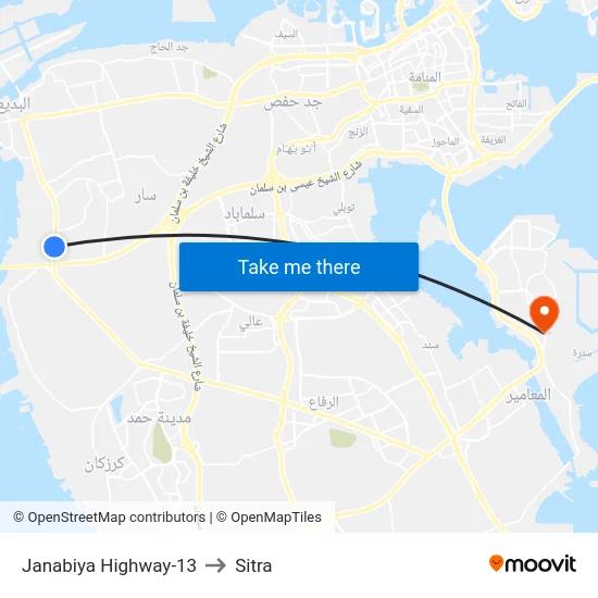 Janabiya Highway-13 to Sitra map