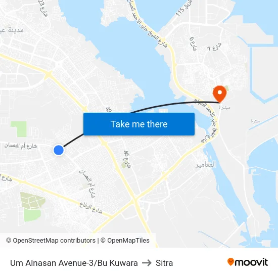 Um Alnasan Avenue-3/Bu Kuwara to Sitra map