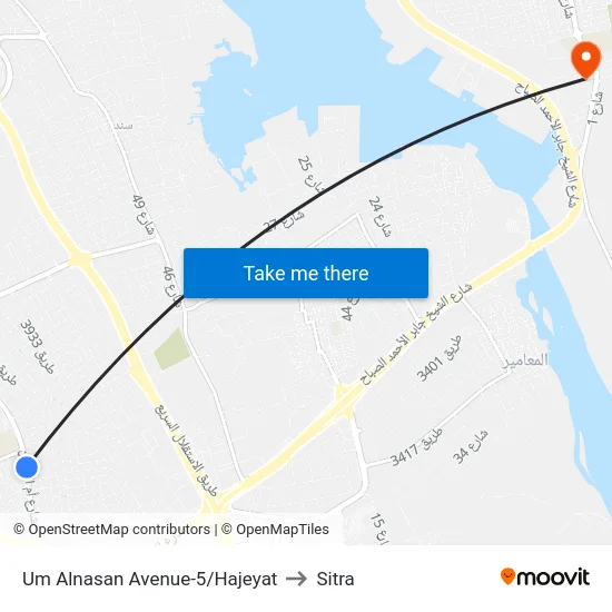 Um Alnasan Avenue-5/Hajeyat to Sitra map