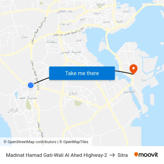 Madinat Hamad Gati-Wali Al Ahed Highway-2 to Sitra map